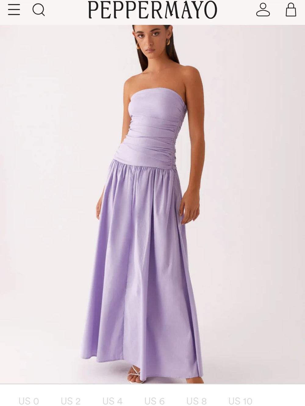 Peppermayo Carmel Lilac Lavender Strapless Ruched Maxi Dress